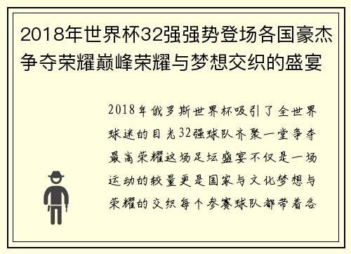 2018年世界杯32强强势登场各国豪杰争夺荣耀巅峰荣耀与梦想交织的盛宴