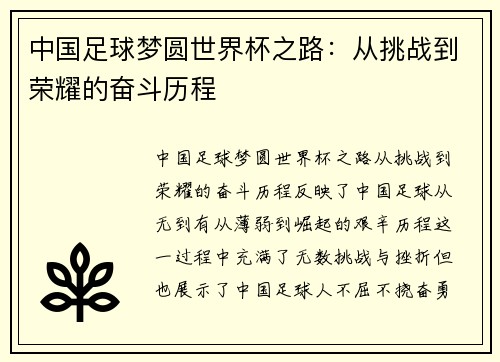 中国足球梦圆世界杯之路：从挑战到荣耀的奋斗历程